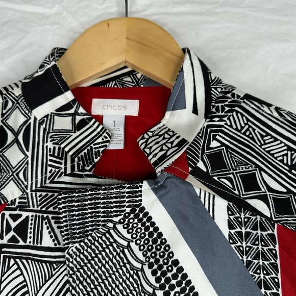 Chicos Blazer Jacket Womens Sz 1 Black Gray Ivory Red Artsy Abstract Zip Pockets - Picture 4 of 6